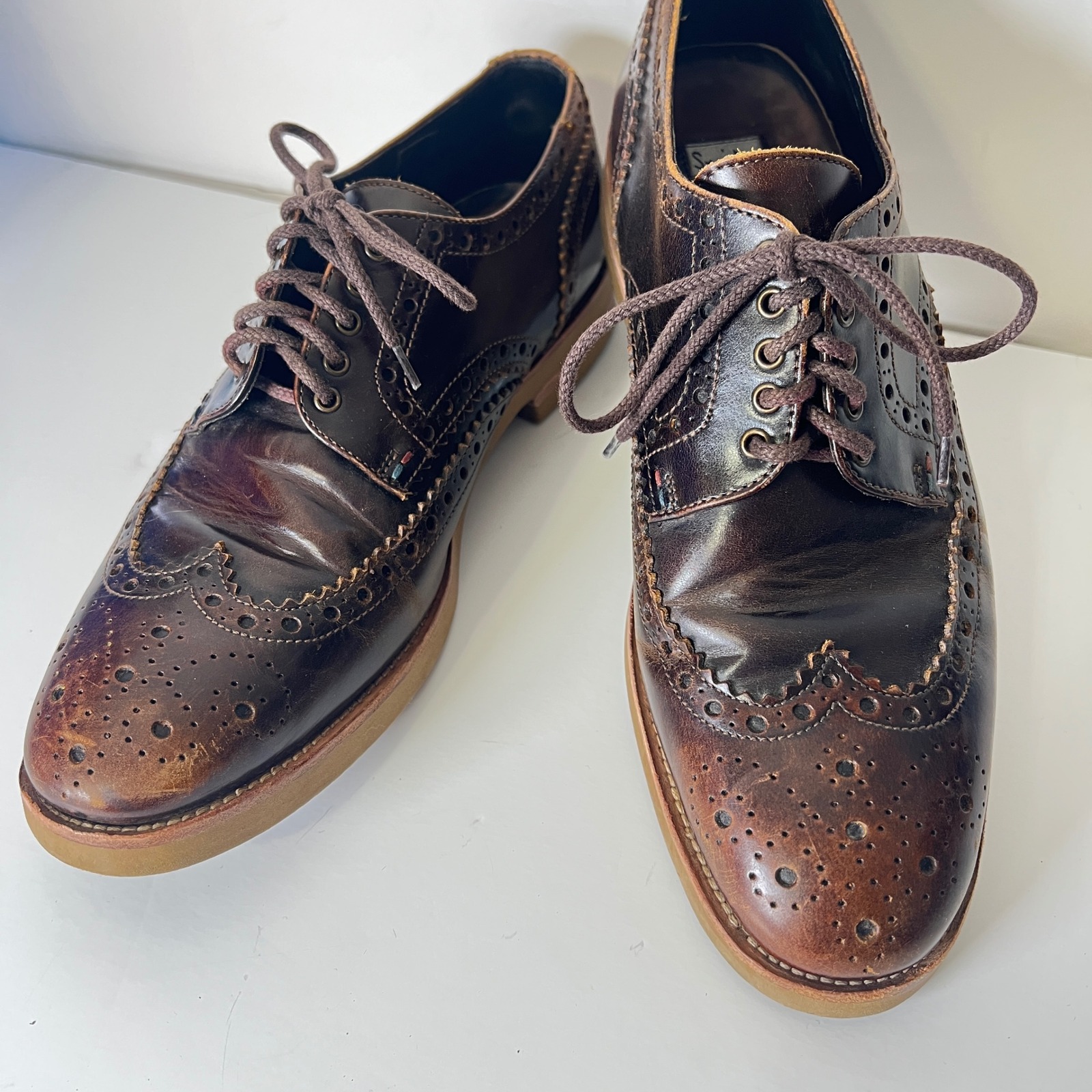 Paul Smith Mens 9 Dark Brown Leather Wingtip Brogue Oxford Shoes Burnished Dress
